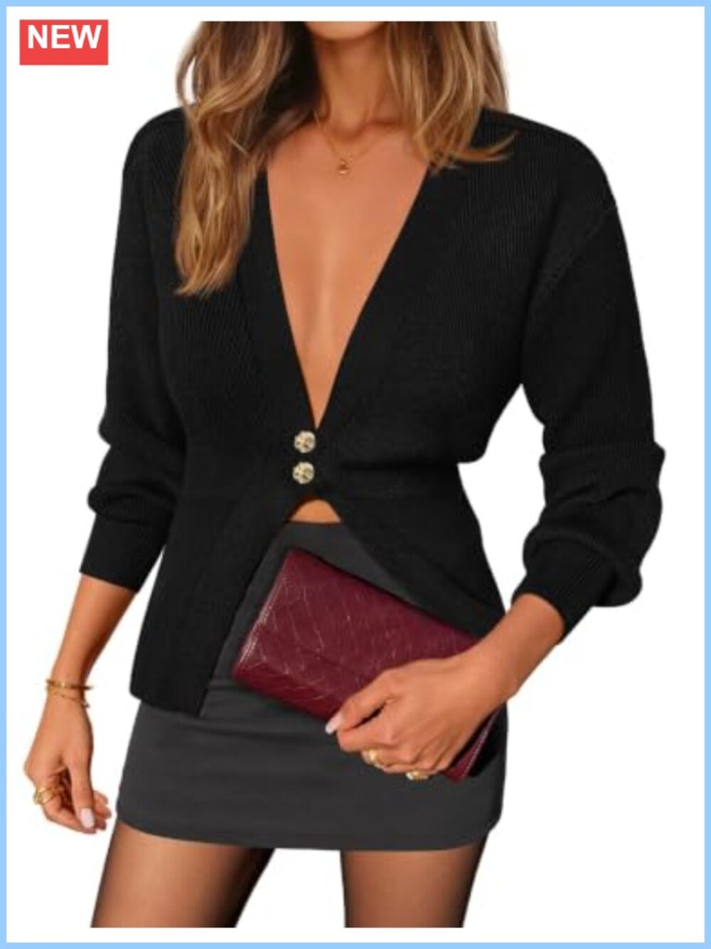 Women's Deep V Neck Button Up Cardigan Sweater Long Sleeve Knit
